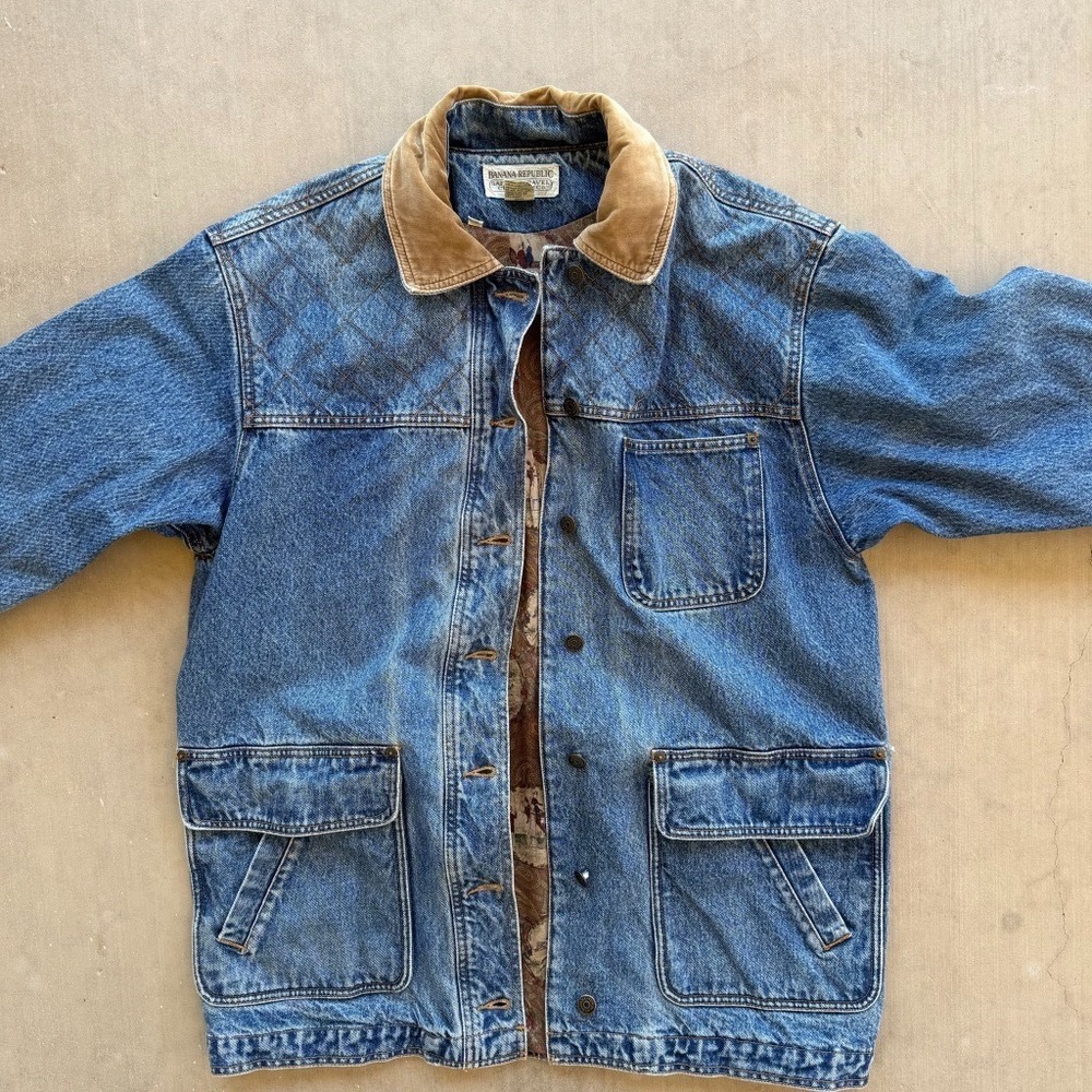 Vintage Banana Republic Safari Denim Chore Jacket Mens M Lined 90s Equestrian - Picture 2 of 10